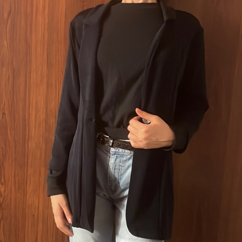 Solid Open Front Navy Blue Blazer, Stretch